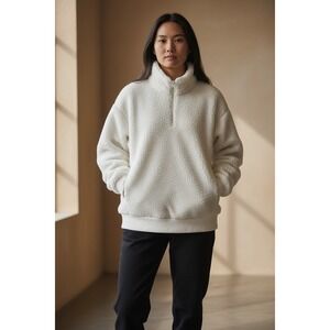LULUK LUX Women's Sherpa Fleece‎ Half Zip Mock Neck Pullover Ivory M